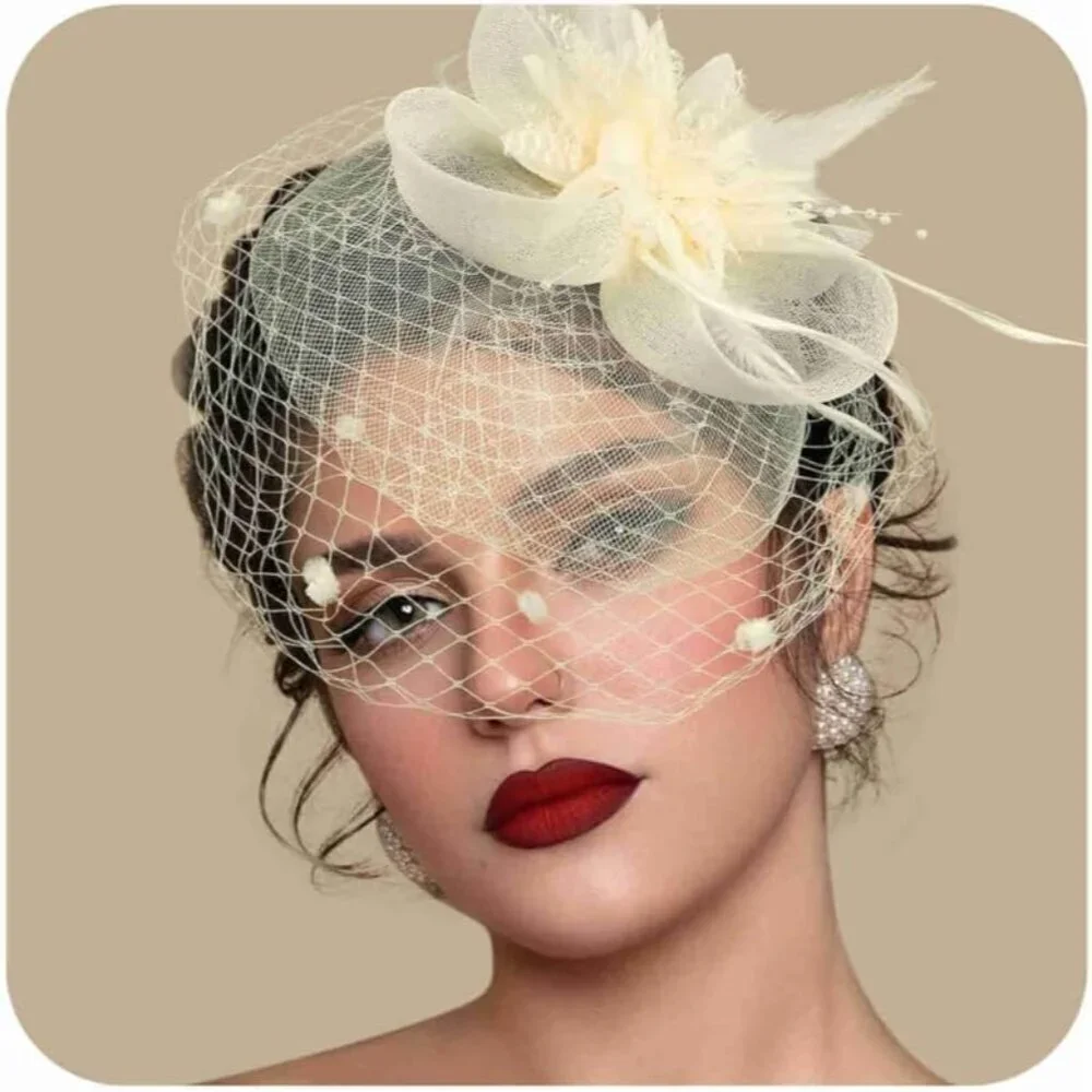 Women Fascinators Hat Feather Mesh Vintage Lace Tea Party Headband Clip